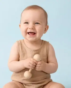 Baby playing with a wooden rattle